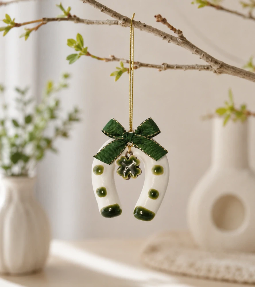 Keramická podkova se čtyrlístkem - zelená