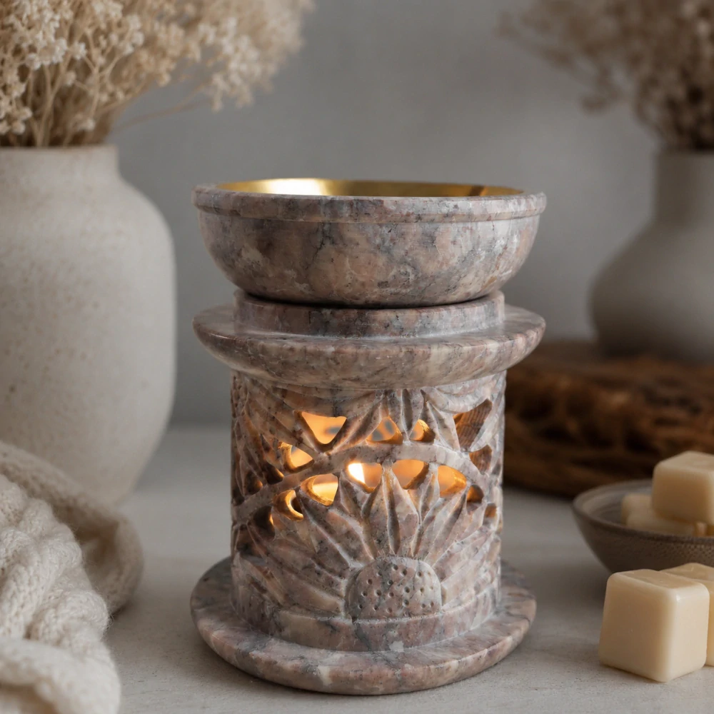 Vyřezávaná aromalampa z mastku s mosaznou miskou – růžovo-béžová