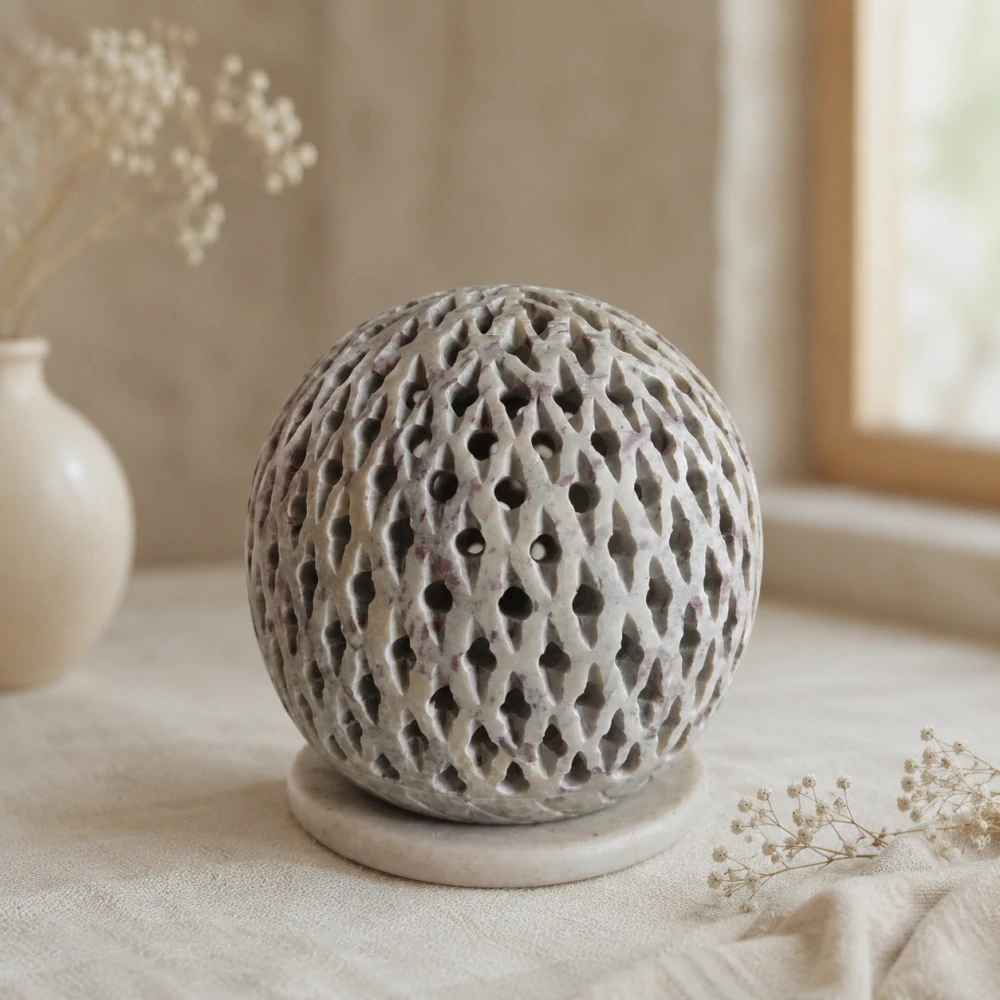 Vyřezávaný svícen z mastku s geometrickým dekorem – přírodní