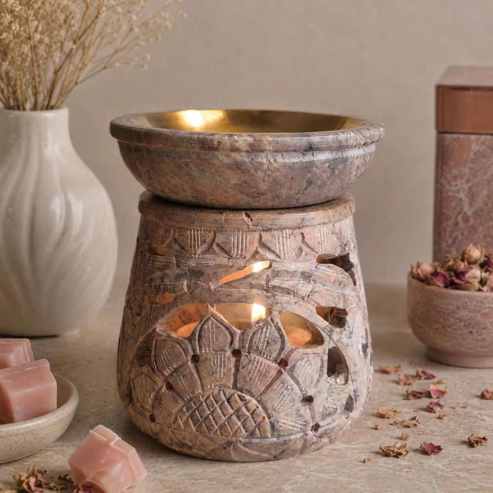 Aromalampa z mastku s květinovým motivem – růžovo-béžová