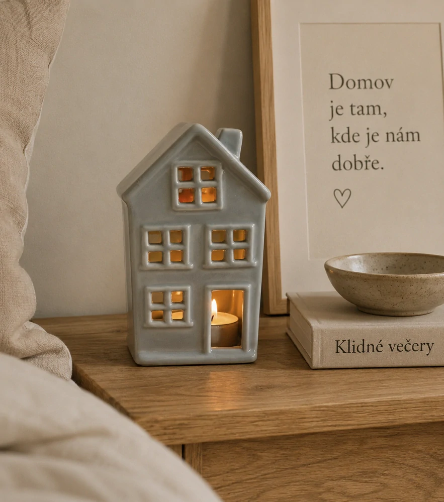 Keramický domeček na čajovou svíčku - šedý vyšší