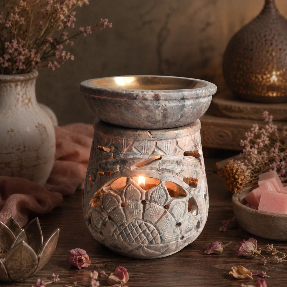 Aromalampa z mastku s květinovým motivem – růžovo-béžová