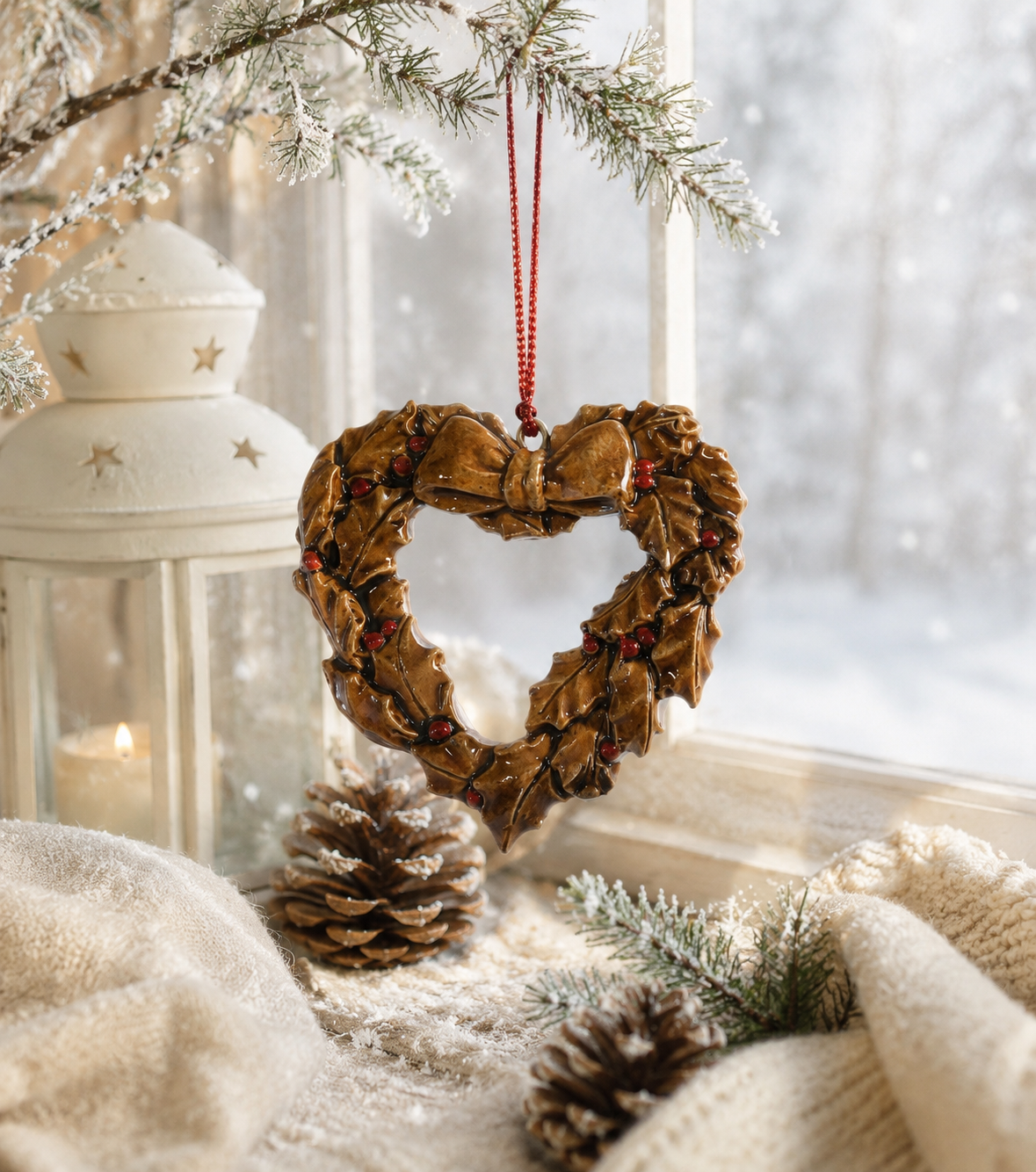 Keramické vánoční srdce z cesmíny – hnědá závěsná ozdoba